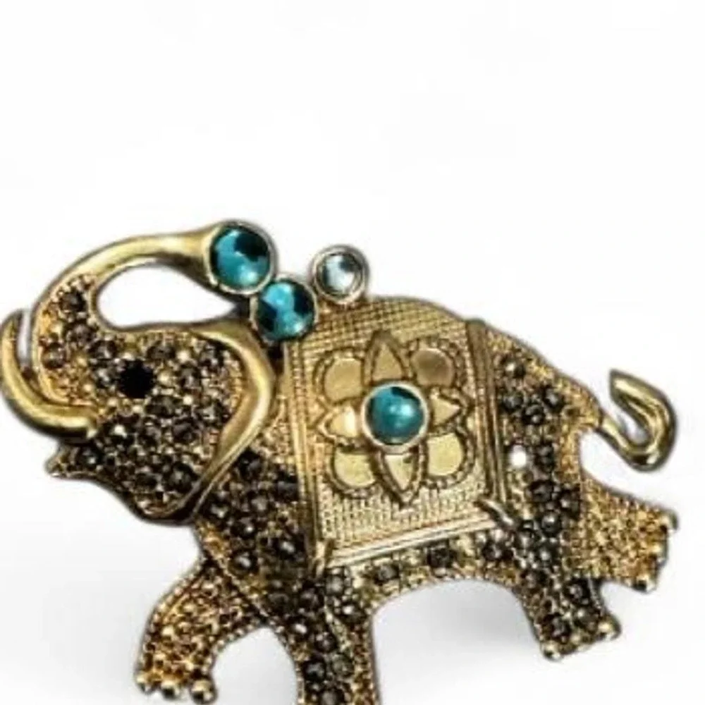 Vintage FAF Elephant Brooch Gold-Tone Marcasite‎ Teal Excellent Good Luck Charm
